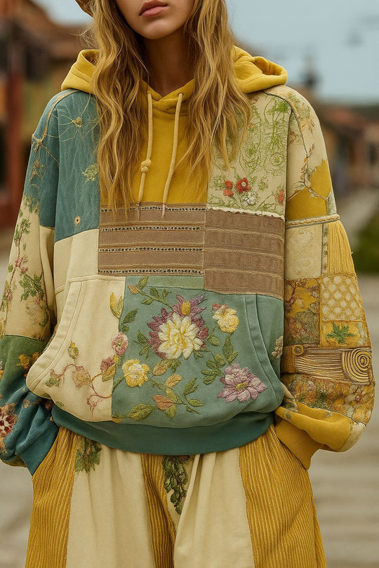 Damen Bestickter Patchwork-Kapuzenpullover mit Blumenapplikation und Kängurutasche Shop Nory