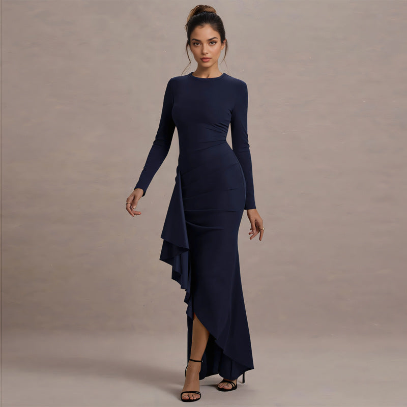 Damen Elegantes Abend-Maxikleid mit langen Ärmeln, figurbetonter Silhouette und seitlichem Volant Shop Nory