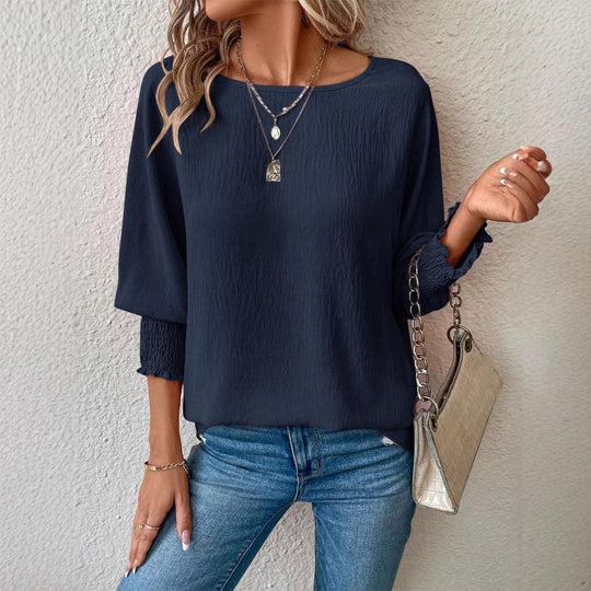 Damen Bluse mit strukturiertem Crinkle, Rundhalsausschnitt und Smokärmeln Shop Nory