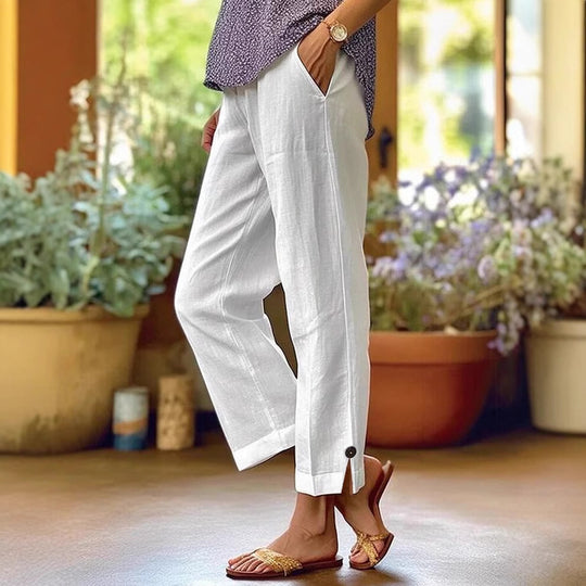 Damen Leinenhose mit lockerer, knöchellanger Passform, seitlichen Eingrifftaschen und Zierknopf-Details Shop Nory
