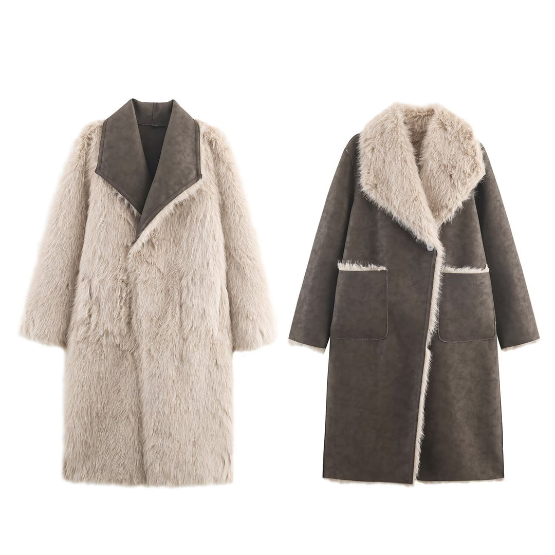 Damen Langer Wendbarer Kunstfell-Mantel mit Oversized-Schalkragen und aufgesetzten Taschen Shop Nory