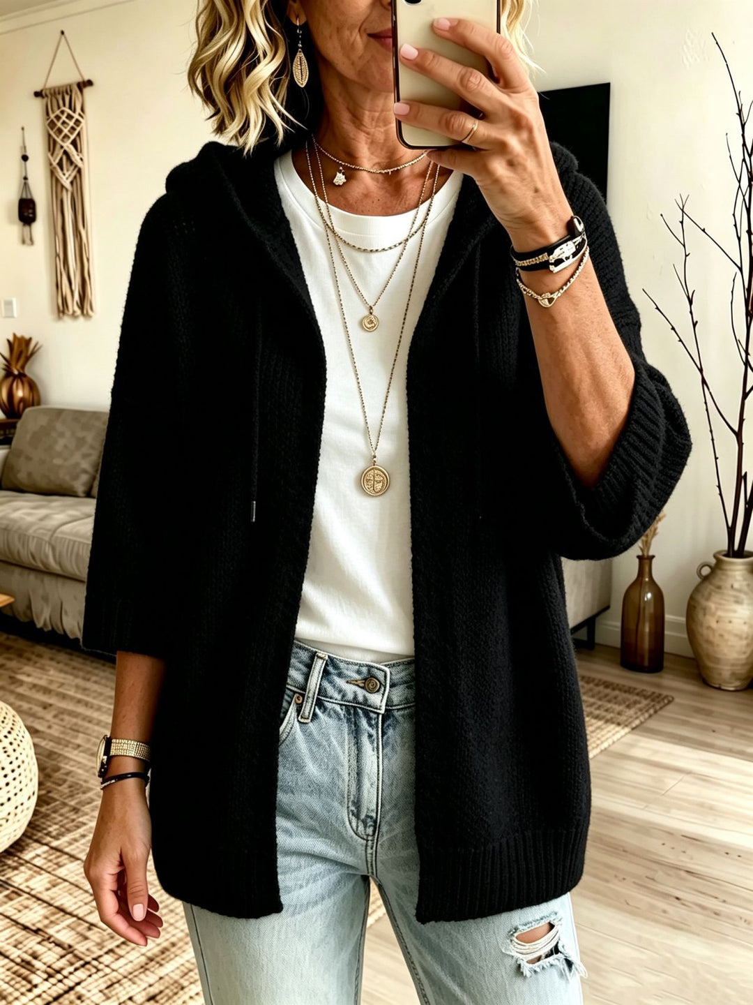Damen Kapuzen-Longcardigan aus grobem Strick mit 3/4-Ärmeln und offener Front Shop Nory