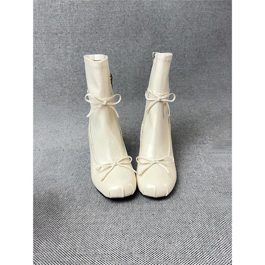 Damen mittelhohe Samtvelours‑Stiefeletten mit runder Zehenpartie, Ziernähten und dekorativen Schleifen Shop Nory