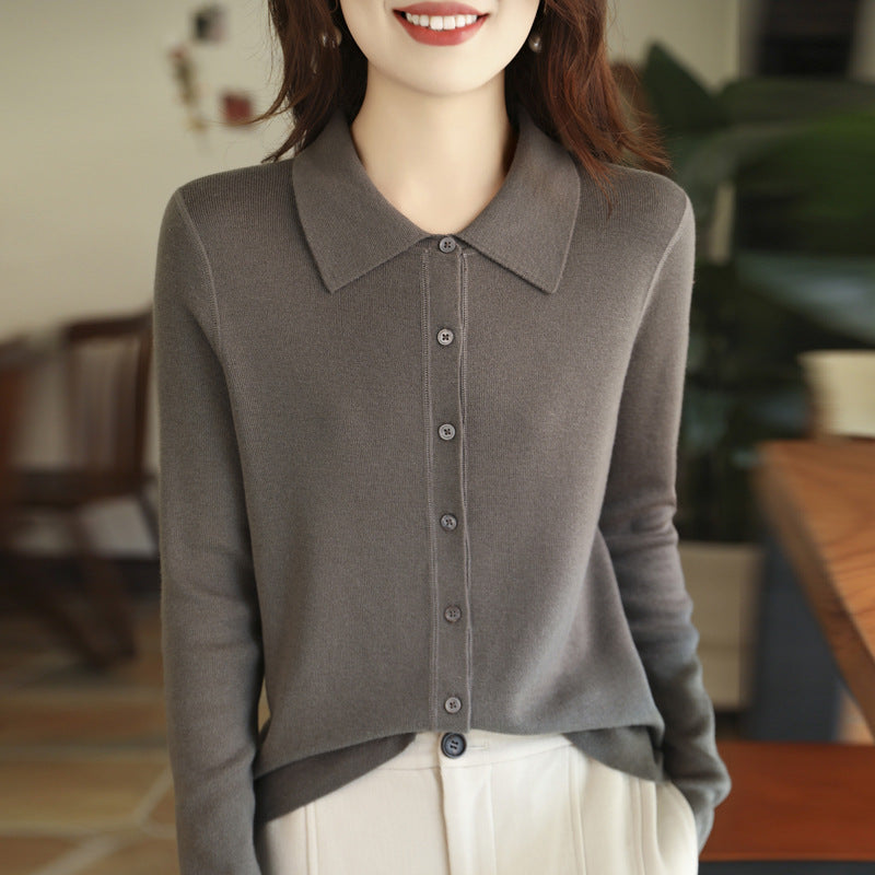 Damen Leichter Feinstrick-Cardigan mit Polokragen und durchgehender Knopfleiste Shop Nory