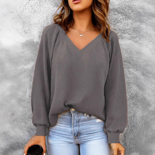 Damen Feinstruktur-Strickpullover mit V-Ausschnitt, Ballonärmeln und Rippbündchen Shop Nory