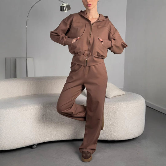 Damen kurz geschnittene Reißverschluss-Kapuzenjacke mit überschnittener Schulter, tiefen Eingrifftaschen und elastischem Bund Shop Nory