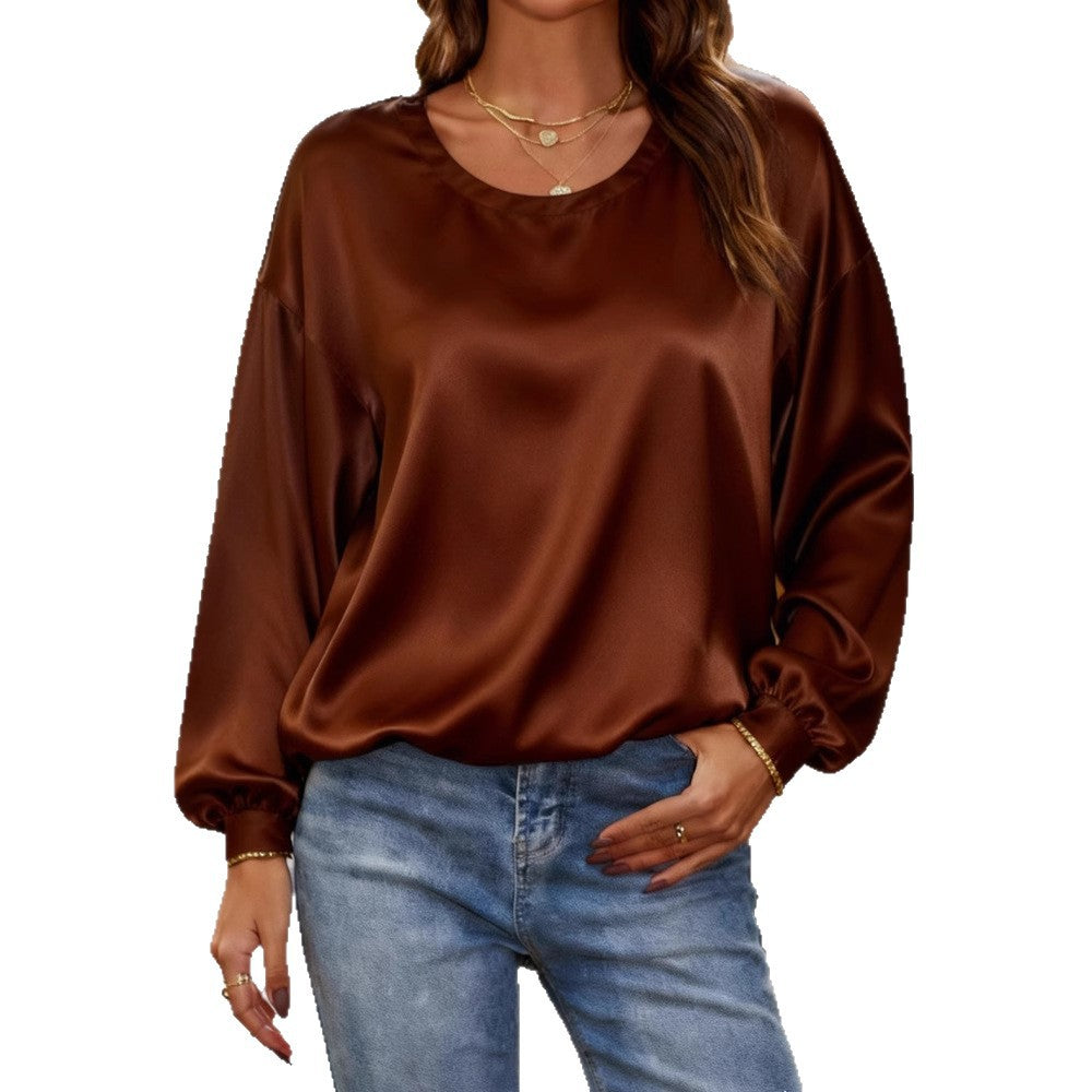 Damen Glänzende Satin-Bluse mit Rundhalsausschnitt und Ballonärmeln Shop Nory