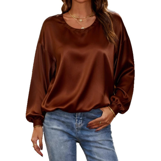 Damen Glänzende Satin-Bluse mit Rundhalsausschnitt und Ballonärmeln Shop Nory