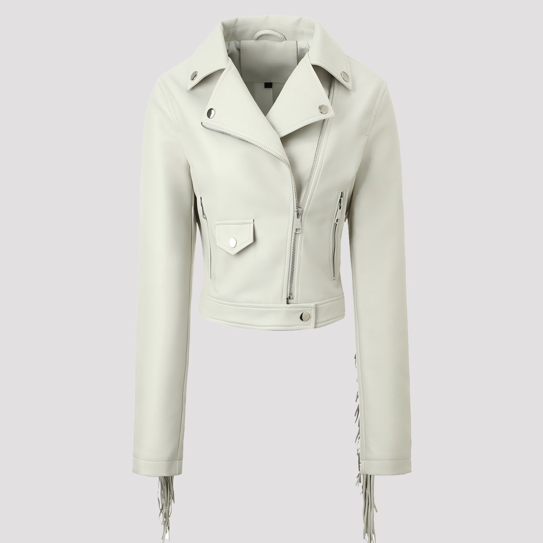 Damen Kurz geschnittene taillierte Bikerjacke aus Kunstleder mit Fransen an den Ärmeln und asymmetrischem Reißverschluss Shop Nory