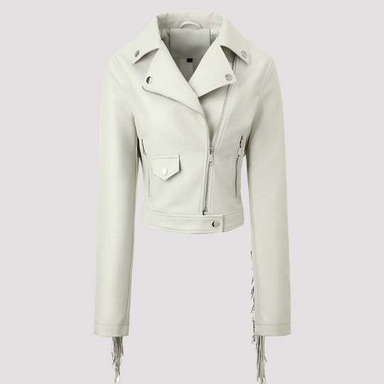 Damen Kurz geschnittene taillierte Bikerjacke aus Kunstleder mit Fransen an den Ärmeln und asymmetrischem Reißverschluss Shop Nory