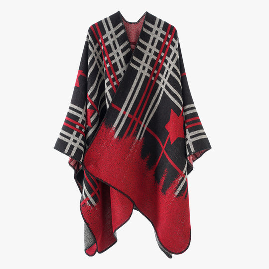 Damen Oversize-Capeponcho aus Wollmix mit Stern- und Karojacquard und weichfallendem Fall Shop Nory