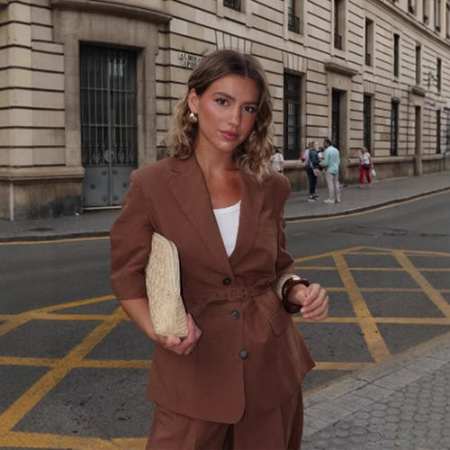 Damen Leinen-Mix taillierter Blazer mit Gürtel, 3/4-Ärmeln & Pattentaschen Shop Nory