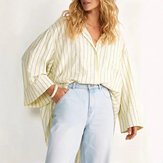 Damen Oversize-Hemdbluse mit weitem Glockenärmel und feinem Streifenmuster Shop Nory