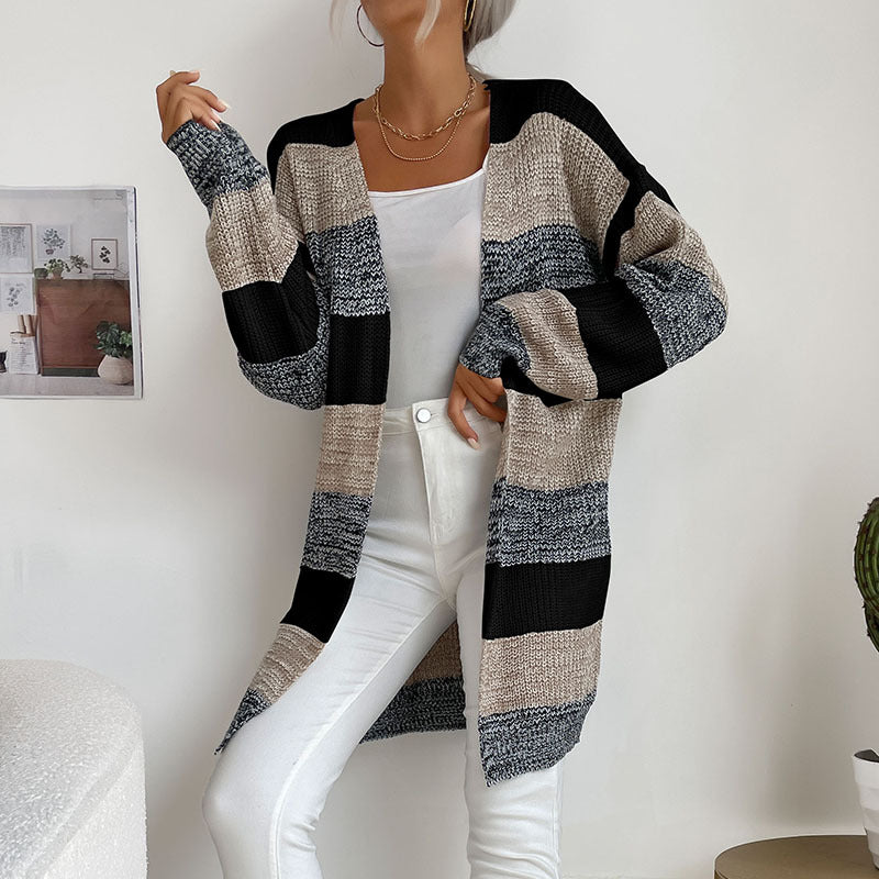 Damen Langer Oversize-Strickcardigan mit Blockstreifen und offener Front Shop Nory