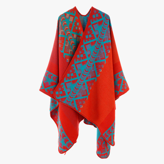 Damen Gewebter Oversize-Ruana mit Ethno-Jacquard und Zierkettelung Shop Nory