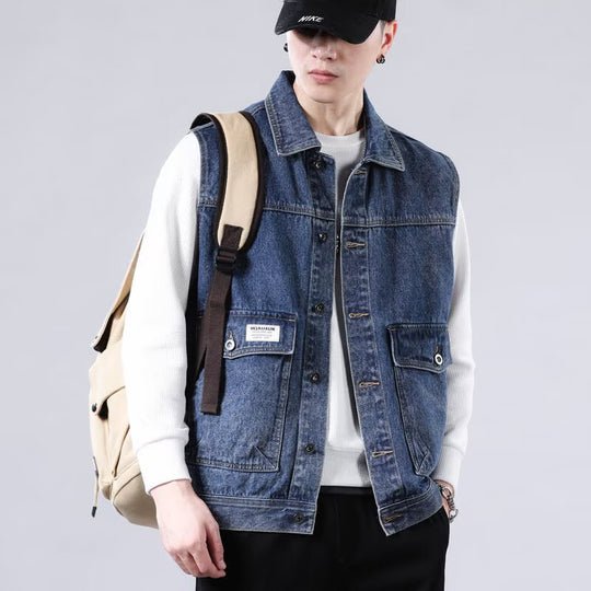 Herren Ärmellose Jeans-Workerweste mit Pattentaschen und kastiger Passform Shop Nory
