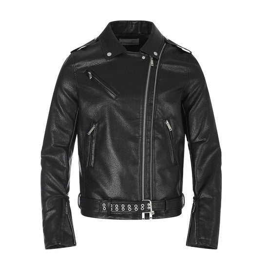 Herren Lederimitat-Bikerjacke mit asymmetrischem Reißverschluss und Ösengürtel Shop Nory