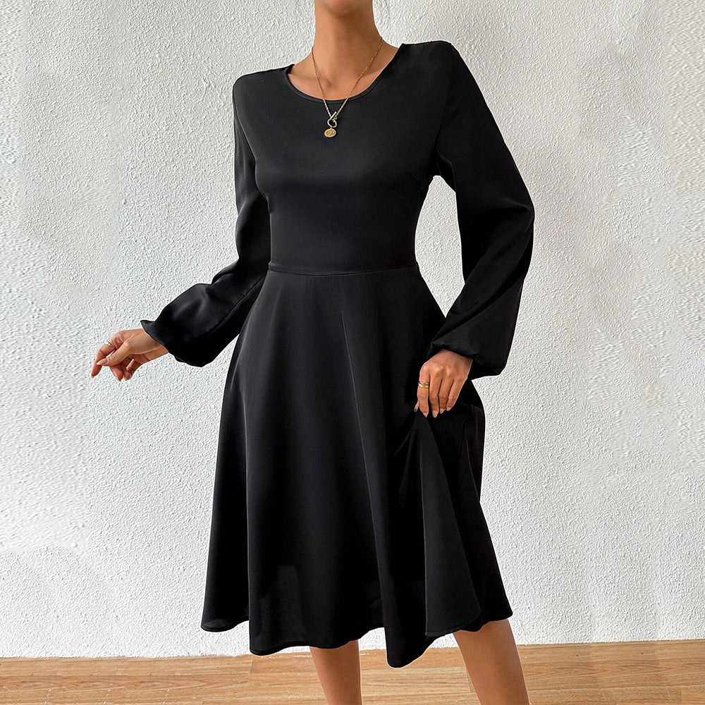 Damen elegantes Midikleid mit taillierter Korsagenoptik ausgestelltem A-Linien-Rock und langen ausgestellten Ärmeln Shop Nory