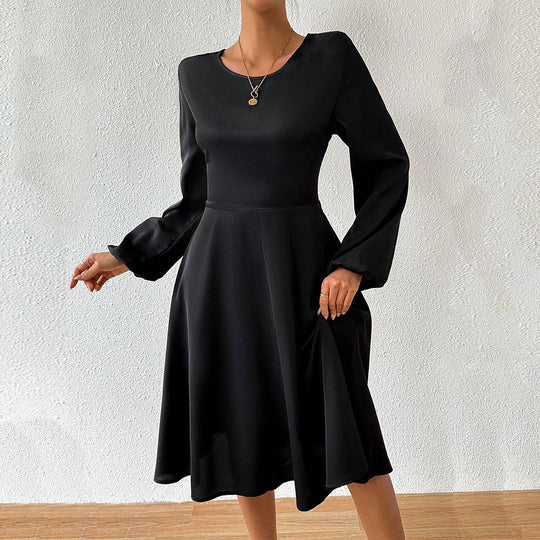 Damen elegantes Midikleid mit taillierter Korsagenoptik ausgestelltem A-Linien-Rock und langen ausgestellten Ärmeln Shop Nory