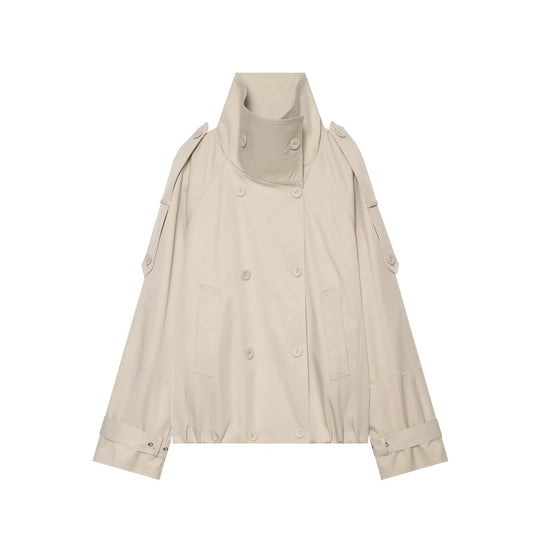 Damen Capeähnlicher Kurzer Doppelreiher-Trench mit hohem Stehkragen und verstellbaren Manschetten Shop Nory