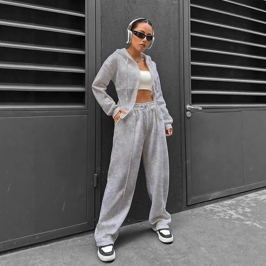 Damen Zip-Hoodie und weite Sweatpants Set mit taillierter Nahtführung Shop Nory