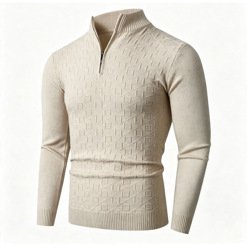 Herren Schmal geschnittener Feinstrick-Halbzippullover mit Stehkragen und geometrischem Relief Shop Nory