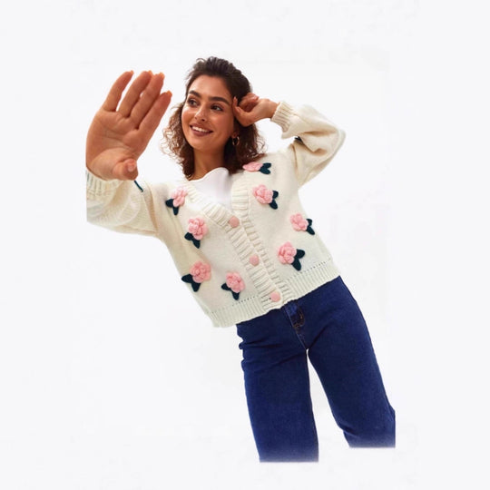 Damen Kuschelige Strickjacke mit Blumenapplikationen Shop Nory