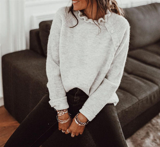 Damen Feinstrickpullover mit Rüschkragen und schräger Knopfleiste Shop Nory