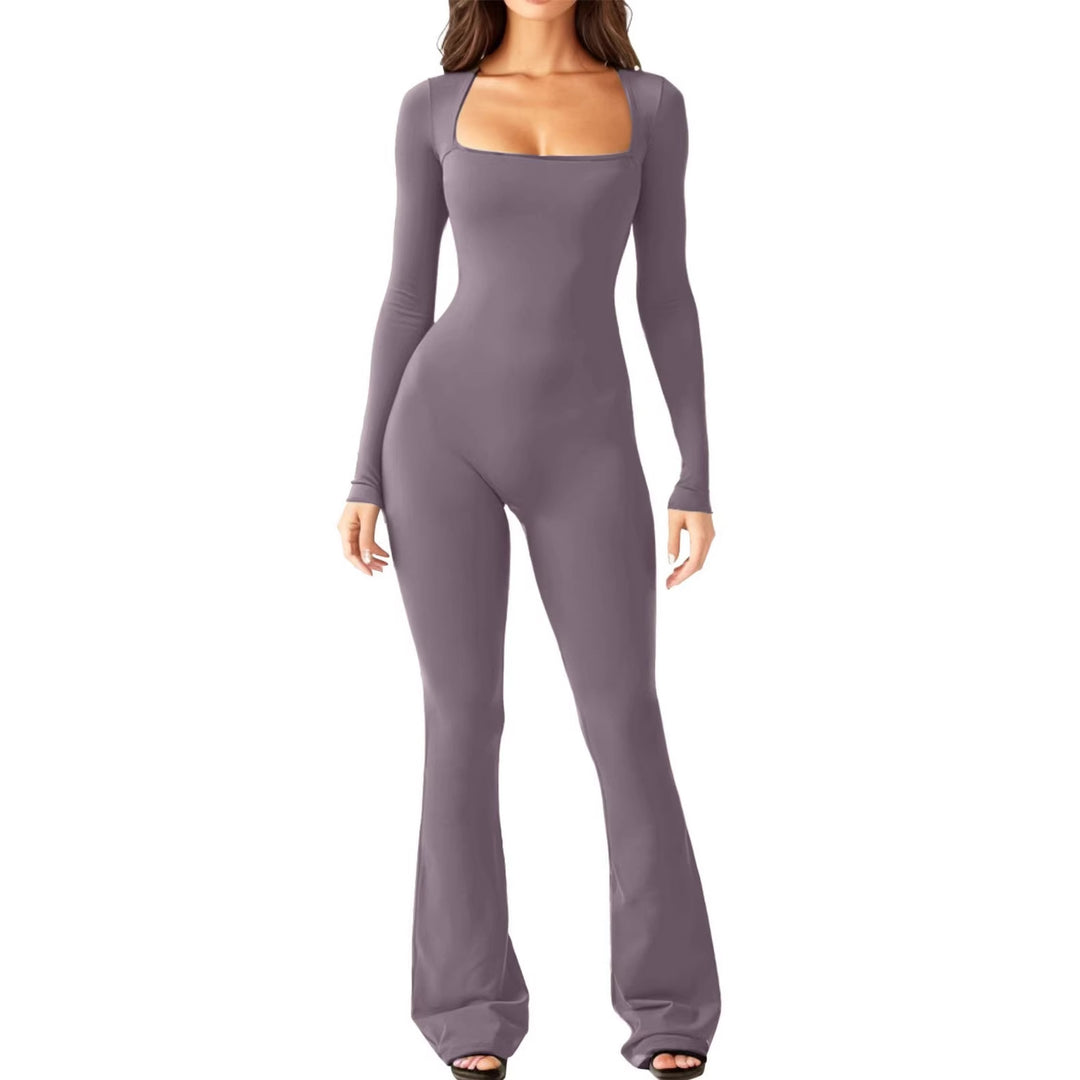 Damen figurbetontes Jumpsuit mit quadratischem Ausschnitt, langen Ärmeln und ausgestellt Bein Shop Nory