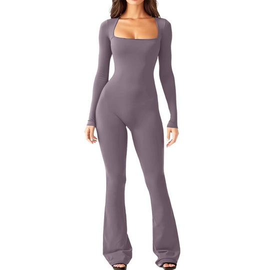 Damen figurbetontes Jumpsuit mit quadratischem Ausschnitt, langen Ärmeln und ausgestellt Bein Shop Nory
