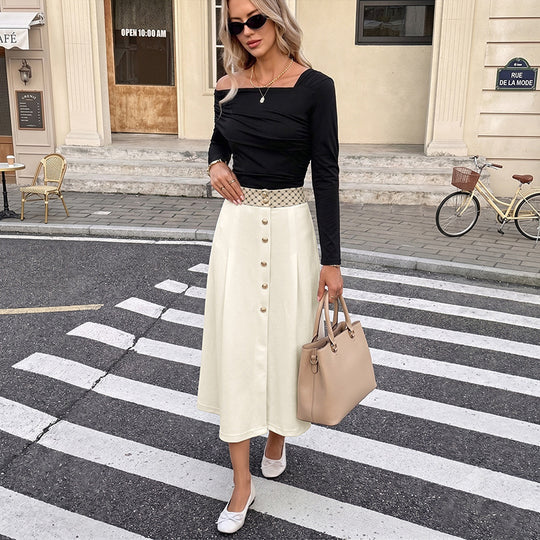 Damen A-Linien Midirock mit durchgehender Knopfleiste und hoher Taillenführung Shop Nory