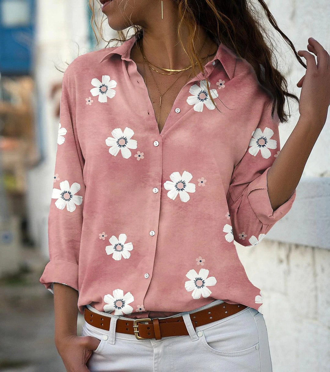 Damen Bluse mit Blumenmuster, Hemdkragen und lockerer Passform Shop Nory