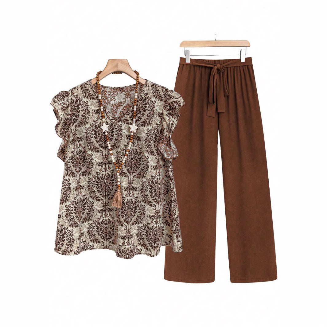 Damen Zweiteiliges Ensemble mit Rüschen-Printbluse und weitem Taillen-Hosenmodell Shop Nory