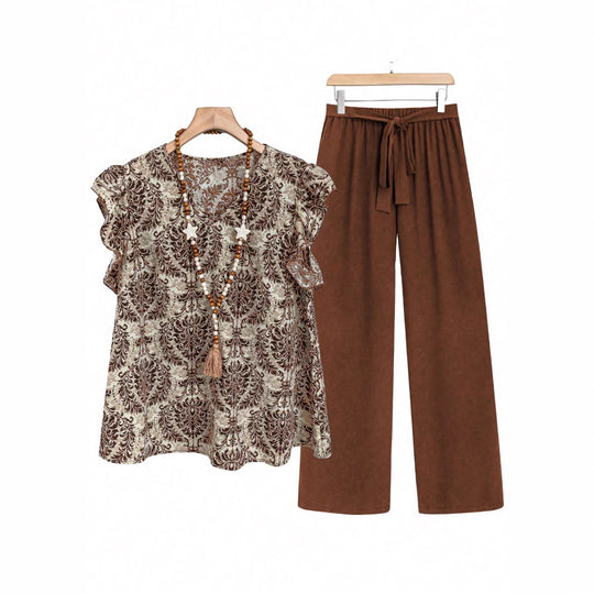 Damen Zweiteiliges Ensemble mit Rüschen-Printbluse und weitem Taillen-Hosenmodell Shop Nory