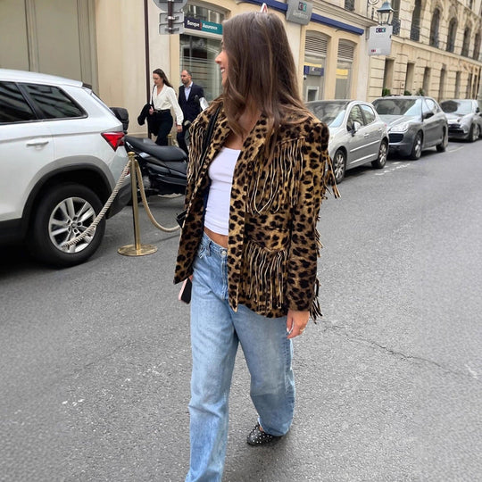 Damen Leoparden-Wildlederjacke mit Fransen und modischem Schnitt