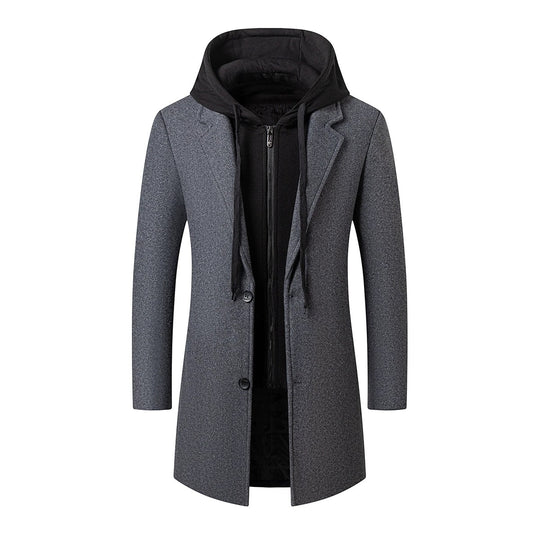 Herren Langer Wollmix-Übermantel mit integrierter Kapuzen-Innenjacke und Zwei-Wege-Reißverschluss Shop Nory