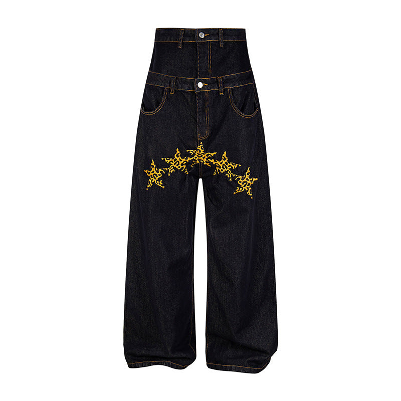 Damen Hochtaillierte weite Jeanshose mit dekorativer Sternstickerei Shop Nory