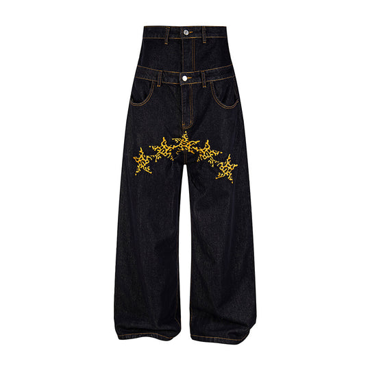 Damen Hochtaillierte weite Jeanshose mit dekorativer Sternstickerei Shop Nory