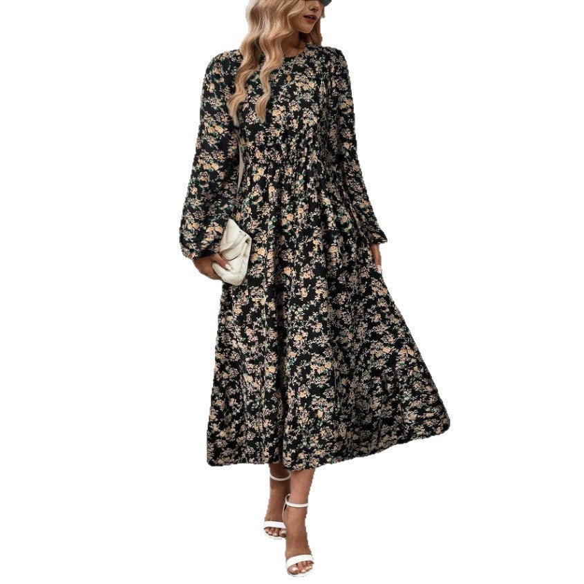 Damen Florales Midikleid mit elastischer Taillenpartie, langen Balloonärmeln und Volantstufe Shop Nory