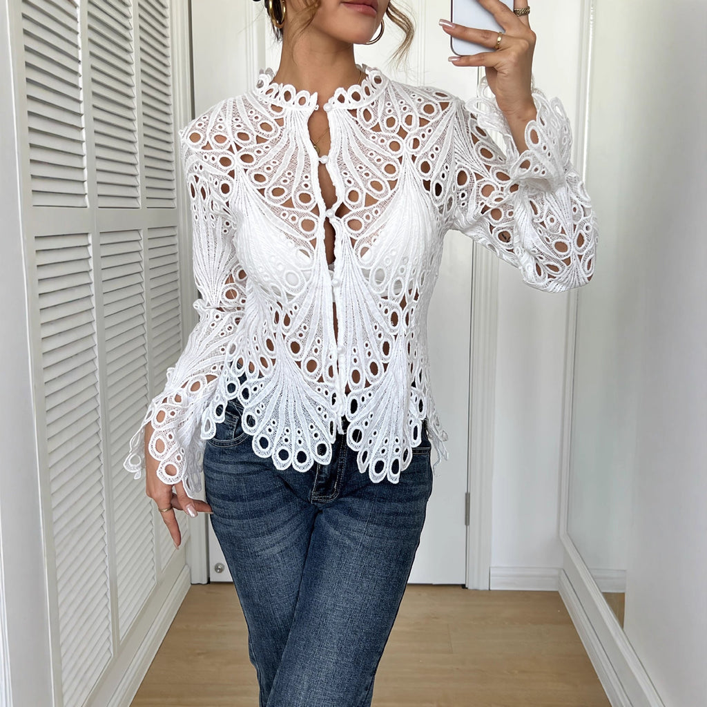 Damen Spitze Bluse mit eleganten Cut-Outs und figurschmeichelndem Design