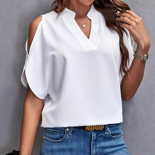 Damen Schulterfreie Chiffonbluse mit V-Ausschnitt und Stehkragen Shop Nory