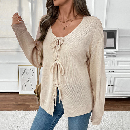 Damen Lässiger Strickpullover mit dreifacher Schnürfront, Rundhalsausschnitt und Oversize-Silhouette Shop Nory