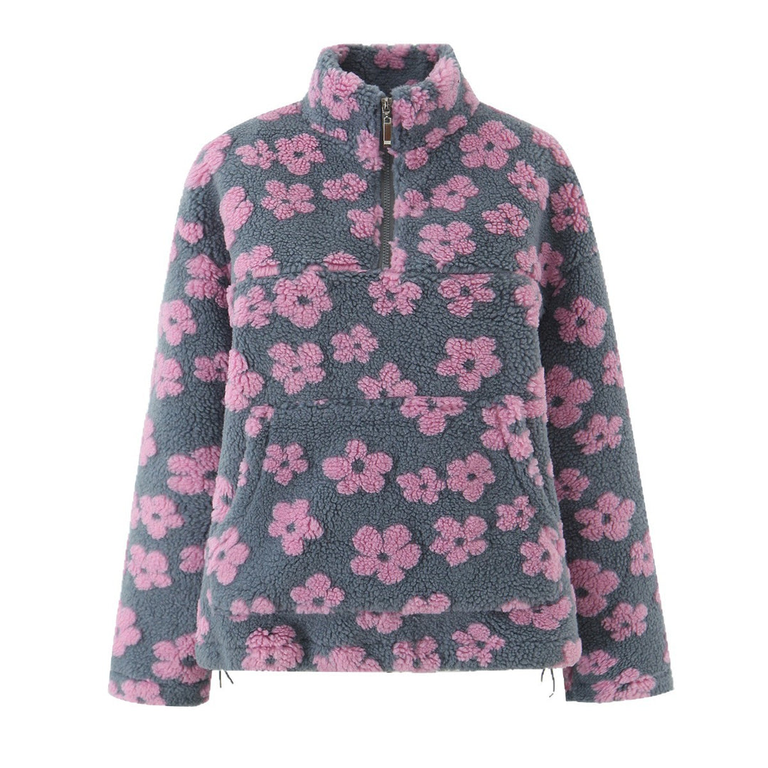 Damen Teddy-Fleece-Overheadjacke mit Stehkragen, Blumenrelief und Halbreißverschluss Shop Nory