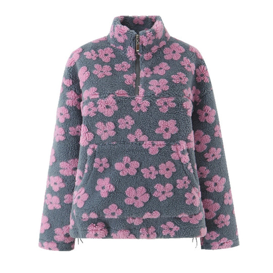 Damen Teddy-Fleece-Overheadjacke mit Stehkragen, Blumenrelief und Halbreißverschluss Shop Nory