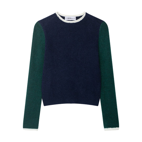 Damen Kuscheliger Colorblock-Pullover mit Rundhalsausschnitt und Kontrastärmeln Shop Nory