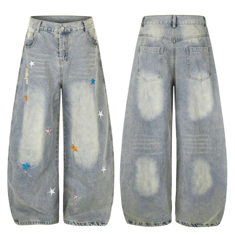 Damen Weite High-Waist Palazzo-Jeans mit Stern-Stickereien und Used-Effekt Shop Nory