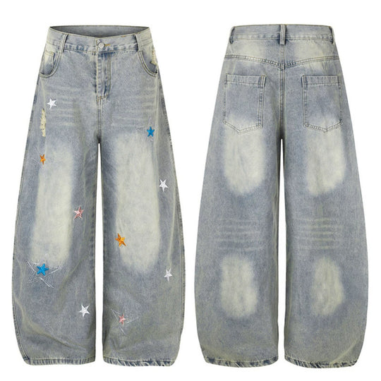 Damen Weite High-Waist Palazzo-Jeans mit Stern-Stickereien und Used-Effekt Shop Nory