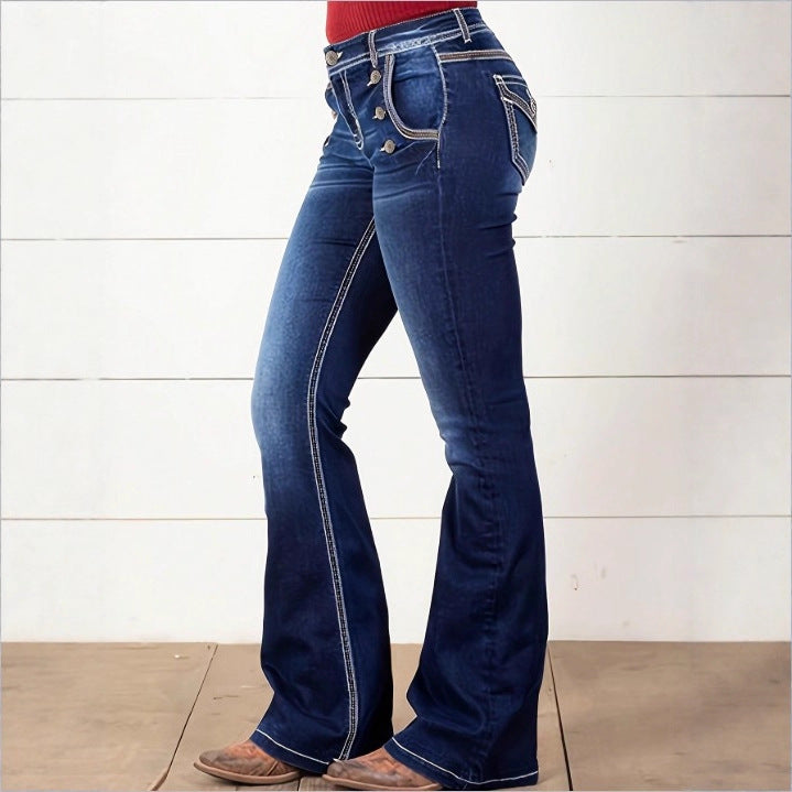 Damen Hochtaillierte Flared-Jeans mit dekorativen Metallknöpfen und Kontraststeppung Shop Nory