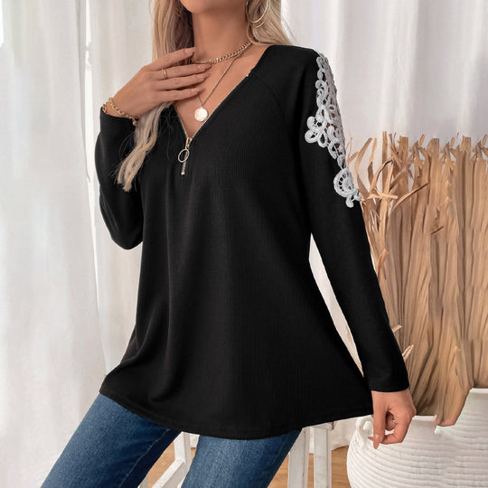 Damen Lässiges Longsleeve-Tunika-Shirt mit V‑Reißverschluss und Spitzenapplikation Shop Nory