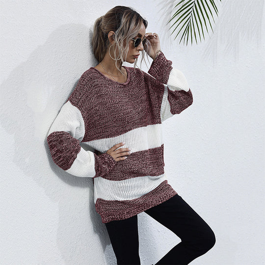 Damen Oversize Longpullover mit Blockstreifen und Rundhalsausschnitt Shop Nory